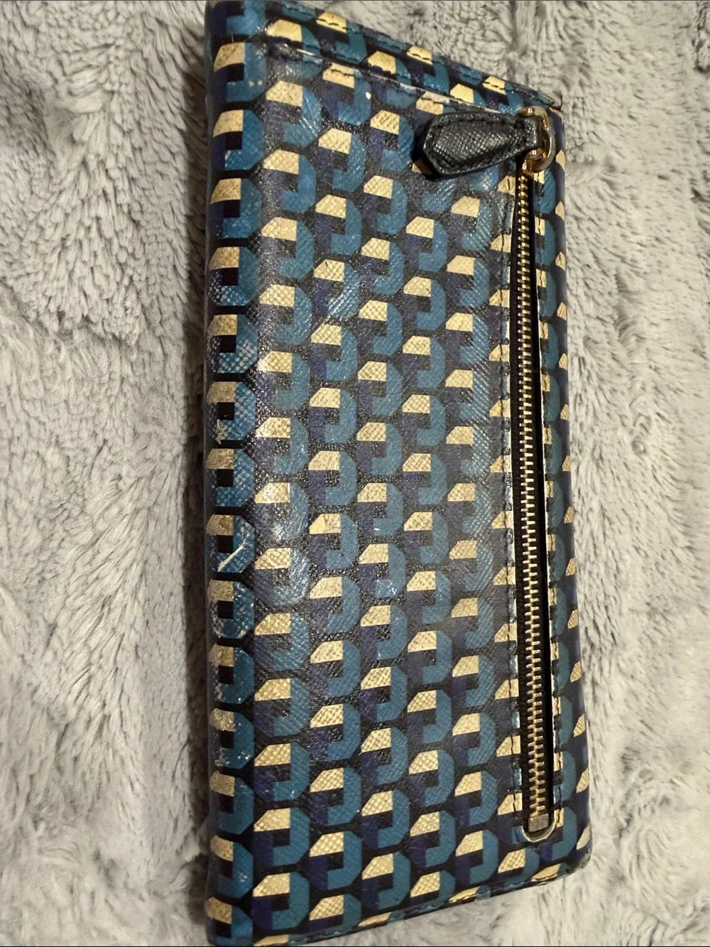 Prada Blue Geometric Print Leather Clutch Wallet